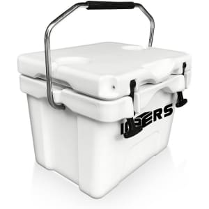 A white 15L cooler box features a sturdy handle, clips, and a logo on the side.