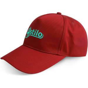 A red cap with a curved brim and an embroidered logo on the front. It features a structured fit and has a branding logo.