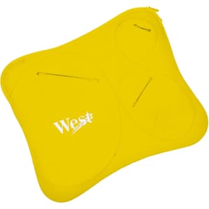 A yellow multi pouch laptop bag featuring multiple compartments and a logo.