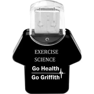 A black tee shirt-shaped flash drive with a logo and text design, featuring a clear cap.
