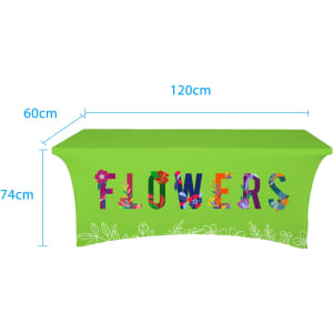 A green stretch table cover with colourful floral letters spelling "FLOWERS". It features an open back design.