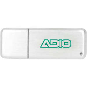 A silver flash drive with a logo, featuring a sleek design and a smooth surface.