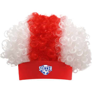A red and white afro headband wig featuring curly hair, with a logo on the band.