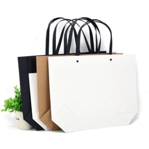 Three medium boutique paper bags in black, white, and brown with black handles, displayed alongside a small green plant.