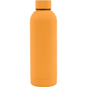 A drink bottle with a rubber-coated exterior, featuring a sleek design in bright orange. It has a logo on the surface.