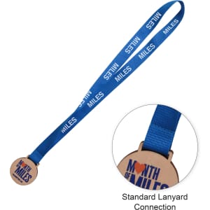 A custom shaped wooden medal with a circular wooden pendant and a blue lanyard featuring white text.