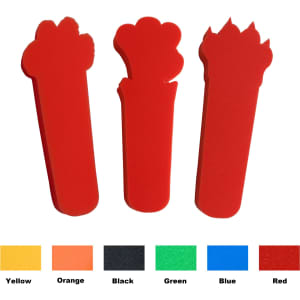 Three red sponge-shaped cheer sticks are displayed, alongside colour swatches in yellow, orange, black, green, blue, and red.
