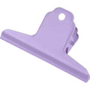 A purple metal binder clip with a scalloped top and a secure grip mechanism, featuring a small hole for hanging.