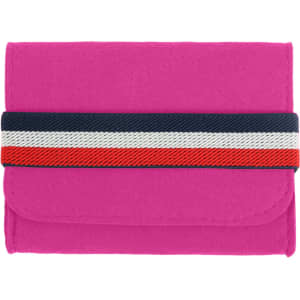 A bright pink felt travel organiser with a striped elastic band in navy, red, and white. It has a logo.