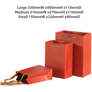 A small vertical red paper bag with a rope handle, measuring 150 x 220 x 90mm, alongside two larger bags.