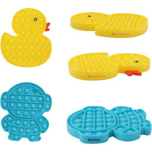 Bright yellow and blue Pop It fidget toys in various shapes, including a duck and a monkey. Each has a logo.