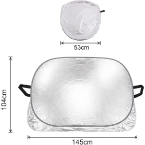 An aluminium car snow cover in silver, displayed flat with dimensions indicated, and a smaller compact version above.