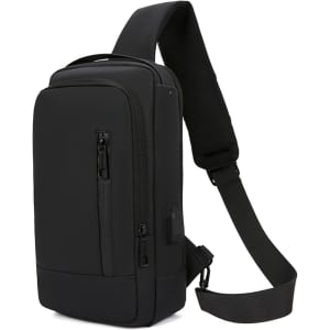 A black anti-theft sling bag with multiple compartments and a padded shoulder strap, featuring a logo.