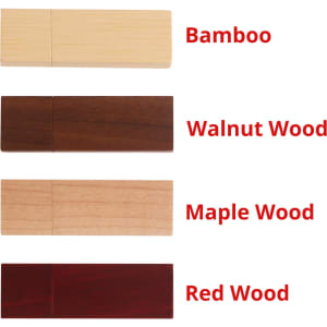 Four wooden flash drives in varying shades: bamboo, walnut, maple, and red wood, each with a smooth finish and a logo.
