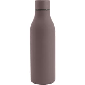 A drink bottle featuring a thermal rubber coating in a muted brown shade. It has a sleek design and includes a logo.