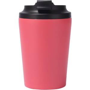 A pink 350ML powder coated stainless steel coffee mug with a black lid, featuring a logo.
