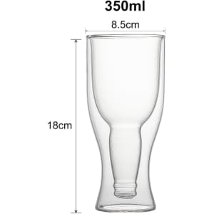 A drink bottle with a double wall design, made of clear glass, holding 350ml and measuring 18cm in height.