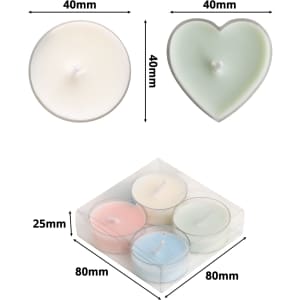 Tealight candle set featuring four candles in various pastel colours, including white, green, pink, and blue, presented in a clear box.