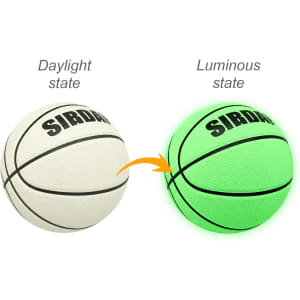 A glowing PU basketball, featuring a white daylight state and a luminous green state, with a logo.