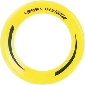 A frisbee in bright yellow with a black logo featuring a curved design.