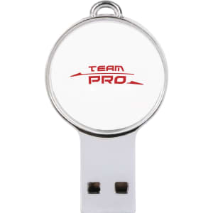 A mini round crystal flash drive in silver and white, featuring a logo on the front.