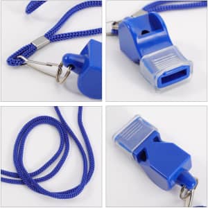 A blue plastic whistle with a clear mouthpiece, attached to a braided blue lanyard.