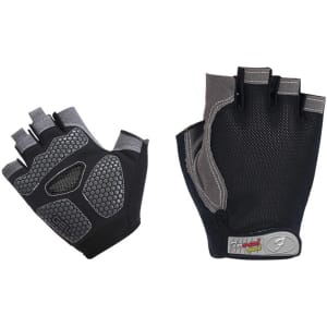 A pair of black and grey anti-slip bike gloves featuring padded areas and a fingerless design.