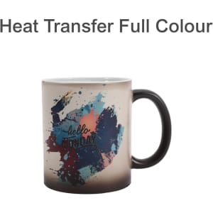A mug featuring a heat-reactive design with a colourful splash pattern and a black handle. It has a logo.