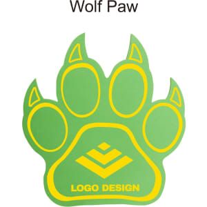 A green paw-shaped foam mitt featuring a logo design. The mitt has detailing in yellow on the pads and claws.