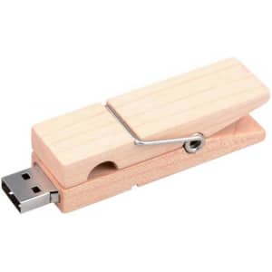 A wooden clip flash drive in a natural light wood finish with a metal spring attachment.
