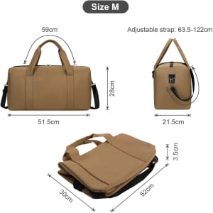 A durable brown duffle bag with adjustable straps and multiple dimensions displayed from different angles.