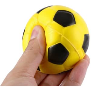 A yellow and black football-shaped stress reliever being squeezed by a hand, featuring a logo.