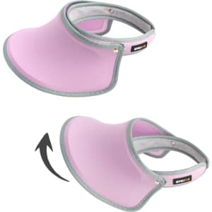A pink 360° swivel sun visor hat with a grey trim and an adjustable strap, featuring a logo.