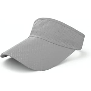 A breathable sun visor in grey with a perforated design and an adjustable band. Features a logo on the side.