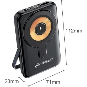 A 10,000mAh black magnetic wireless power bank with a circular charging surface and a stand. It has a logo.