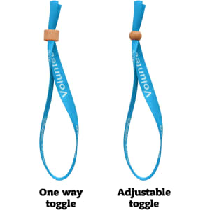 A blue RPET fabric wristband with a bamboo toggle, featuring one-way and adjustable toggle designs.
