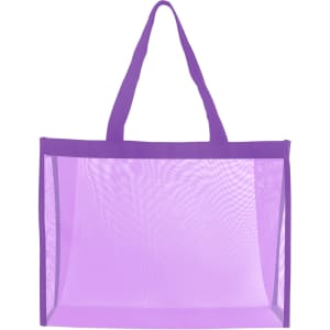 A purple transparent mesh tote bag with sturdy handles, featuring a simple design and no visible branding.