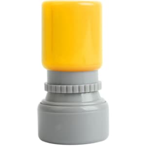 A round stamp with a yellow top and grey base, featuring a logo. Perfect for exhibitions and events.