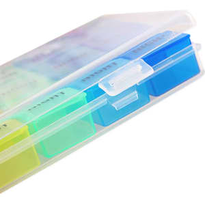 A transparent pill organiser featuring multiple compartments in blue, green, and yellow for medication storage.