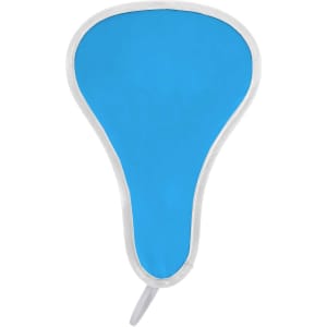 A foldable event fan in bright blue with a white border, featuring a sturdy handle and a logo.