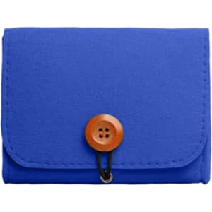 A blue felt essential oil bag with a wooden button closure. It has a simple and compact design.