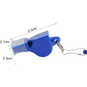A blue plastic whistle with a keychain attachment, measuring 5.3 cm by 2.3 cm.