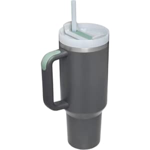 A drink bottle featuring a dark grey stainless steel body, a white lid, straw, and a green handle. Brand logo present.