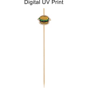 A bamboo skewer topped with a burger design, featuring a natural wood colour and a logo on the shaft.