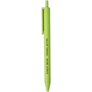 A green ballpoint pen made from wheat straw, featuring a clip and a branding logo.