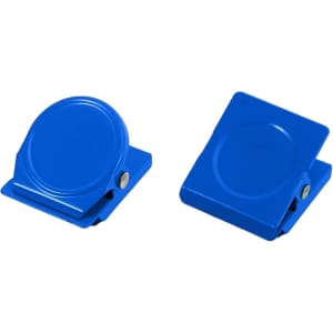 Two blue metal magnetic clips displayed side by side, each with a smooth round surface and a sturdy base.
