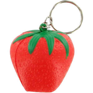 A red strawberry-shaped stress reliever keyring with green leaves and a metal keyring attachment.