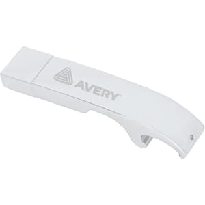 A drink bottle opener with a white body and a logo. It doubles as a flash drive.