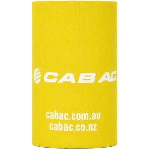 A yellow stubby holder featuring a logo, designed for keeping drinks cool.