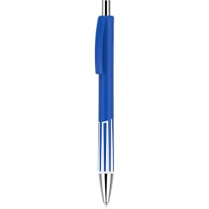 A blue plastic pen with a colour barrel design and a silver tip. It features a click mechanism and a branding logo.
